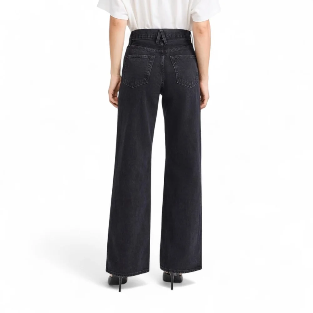 SLVRLAKE Wide Leg Raw Hem High Rise Grace Jeans Washed Black Shadow Ridge Sz 28